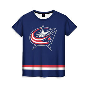 Женская футболка 3D с принтом Columbus Blue Jackets в Тюмени, 100% полиэфир ( синтетическое хлопкоподобное полотно) | прямой крой, круглый вырез горловины, длина до линии бедер | columbus blue jackets | hockey | nhl | нхл | хоккей