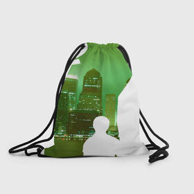 Рюкзак-мешок 3D с принтом зеленый фонарь город в Тюмени, 100% полиэстер | плотность ткани — 200 г/м2, размер — 35 х 45 см; лямки — толстые шнурки, застежка на шнуровке, без карманов и подкладки | вода | город | залив | здания | зеленый | огни | розовый | супергерой | фиолетовый | фонарь