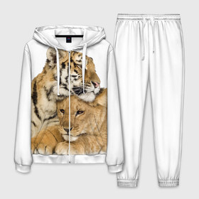 Мужской костюм 3D с принтом Тигр и львица в Тюмени, 100% полиэстер | Манжеты и пояс оформлены тканевой резинкой, двухслойный капюшон со шнурком для регулировки, карманы спереди | дикие | милые | природа | тигр | яркие