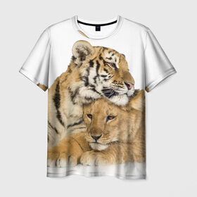 Мужская футболка 3D с принтом Тигр и львица в Тюмени, 100% полиэфир | прямой крой, круглый вырез горловины, длина до линии бедер | Тематика изображения на принте: дикие | милые | природа | тигр | яркие