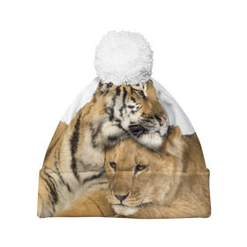 Шапка 3D c помпоном с принтом Тигр и львица в Тюмени, 100% полиэстер | универсальный размер, печать по всей поверхности изделия | дикие | милые | природа | тигр | яркие