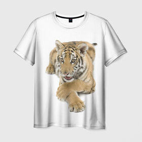 Мужская футболка 3D с принтом Ласковый тигренок в Тюмени, 100% полиэфир | прямой крой, круглый вырез горловины, длина до линии бедер | дикие | милые | природа | тигр | яркие