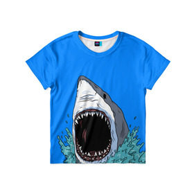 Детская футболка 3D с принтом shark в Тюмени, 100% гипоаллергенный полиэфир | прямой крой, круглый вырез горловины, длина до линии бедер, чуть спущенное плечо, ткань немного тянется | Тематика изображения на принте: fish | ocean | shark | water | акула | море | океан | рыба
