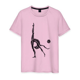 Мужская футболка хлопок с принтом Гимнастка с мячом в Тюмени, 100% хлопок | прямой крой, круглый вырез горловины, длина до линии бедер, слегка спущенное плечо. | булавы | гимнастика | гимнастка | лента | мяч | обруч | художественная гимнастика