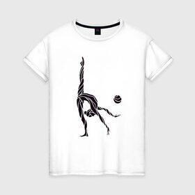 Женская футболка хлопок с принтом Гимнастка с мячом в Тюмени, 100% хлопок | прямой крой, круглый вырез горловины, длина до линии бедер, слегка спущенное плечо | булавы | гимнастика | гимнастка | лента | мяч | обруч | художественная гимнастика