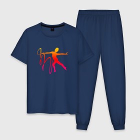 Мужская пижама хлопок с принтом Гимнастка с лентой 2 в Тюмени, 100% хлопок | брюки и футболка прямого кроя, без карманов, на брюках мягкая резинка на поясе и по низу штанин
 | булавы | гимнастика | гимнастка | лента | мяч | обруч | художественная гимнастика