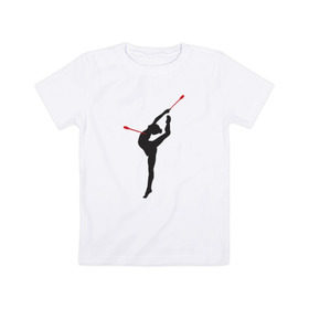 Детская футболка хлопок с принтом Гимнастка с булавами в Тюмени, 100% хлопок | круглый вырез горловины, полуприлегающий силуэт, длина до линии бедер | булавы | гимнастика | гимнастка | лента | мяч | обруч | художественная гимнастика