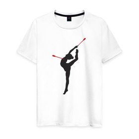 Мужская футболка хлопок с принтом Гимнастка с булавами в Тюмени, 100% хлопок | прямой крой, круглый вырез горловины, длина до линии бедер, слегка спущенное плечо. | булавы | гимнастика | гимнастка | лента | мяч | обруч | художественная гимнастика