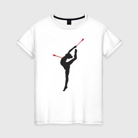 Женская футболка хлопок с принтом Гимнастка с булавами в Тюмени, 100% хлопок | прямой крой, круглый вырез горловины, длина до линии бедер, слегка спущенное плечо | булавы | гимнастика | гимнастка | лента | мяч | обруч | художественная гимнастика