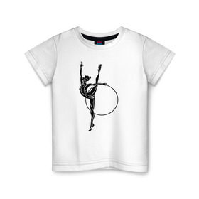 Детская футболка хлопок с принтом Гимнастка с обручем в Тюмени, 100% хлопок | круглый вырез горловины, полуприлегающий силуэт, длина до линии бедер | Тематика изображения на принте: булавы | гимнастика | гимнастка | лента | мяч | обруч | художественная гимнастика