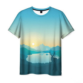 Мужская футболка 3D с принтом firewatch в Тюмени, 100% полиэфир | прямой крой, круглый вырез горловины, длина до линии бедер | Тематика изображения на принте: firewatch | горы | игры | озеро | олень | природа