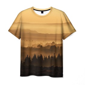 Мужская футболка 3D с принтом Родные просторы в Тюмени, 100% полиэфир | прямой крой, круглый вырез горловины, длина до линии бедер | Тематика изображения на принте: восход | горы | даль | закат | лес | небо | облака | природа | солнце