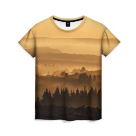 Женская футболка 3D с принтом Родные просторы в Тюмени, 100% полиэфир ( синтетическое хлопкоподобное полотно) | прямой крой, круглый вырез горловины, длина до линии бедер | восход | горы | даль | закат | лес | небо | облака | природа | солнце
