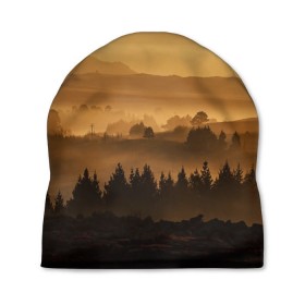 Шапка 3D с принтом Родные просторы в Тюмени, 100% полиэстер | универсальный размер, печать по всей поверхности изделия | Тематика изображения на принте: восход | горы | даль | закат | лес | небо | облака | природа | солнце