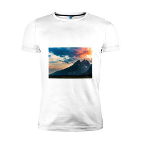 Мужская футболка премиум с принтом Закат в природе в Тюмени, 92% хлопок, 8% лайкра | приталенный силуэт, круглый вырез ворота, длина до линии бедра, короткий рукав | 3д | гора | закат | национальный парк | природа