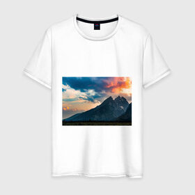 Мужская футболка хлопок с принтом Закат в природе в Тюмени, 100% хлопок | прямой крой, круглый вырез горловины, длина до линии бедер, слегка спущенное плечо. | 3д | гора | закат | национальный парк | природа