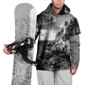 Накидка на куртку 3D с принтом Маяк в Тюмени, 100% полиэстер |  | black   white | forest | lighthouse | photo | rocks | sea | shore | spruce | sunset | waves | берег | волны | ельник | закат | камни | лес | маяк | море