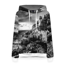Женская толстовка 3D с принтом Маяк в Тюмени, 100% полиэстер  | двухслойный капюшон со шнурком для регулировки, мягкие манжеты на рукавах и по низу толстовки, спереди карман-кенгуру с мягким внутренним слоем. | black   white | forest | lighthouse | photo | rocks | sea | shore | spruce | sunset | waves | берег | волны | ельник | закат | камни | лес | маяк | море