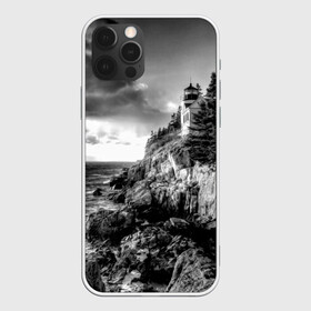 Чехол для iPhone 12 Pro Max с принтом Маяк в Тюмени, Силикон |  | black   white | forest | lighthouse | photo | rocks | sea | shore | spruce | sunset | waves | берег | волны | ельник | закат | камни | лес | маяк | море