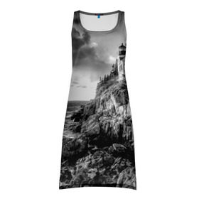 Платье-майка 3D с принтом Маяк в Тюмени, 100% полиэстер | полуприлегающий силуэт, широкие бретели, круглый вырез горловины, удлиненный подол сзади. | black   white | forest | lighthouse | photo | rocks | sea | shore | spruce | sunset | waves | берег | волны | ельник | закат | камни | лес | маяк | море