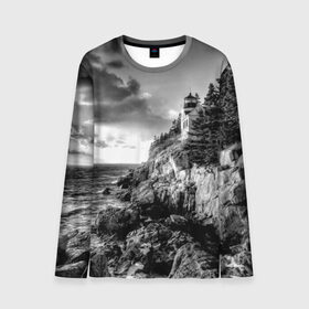 Мужской лонгслив 3D с принтом Маяк в Тюмени, 100% полиэстер | длинные рукава, круглый вырез горловины, полуприлегающий силуэт | black   white | forest | lighthouse | photo | rocks | sea | shore | spruce | sunset | waves | берег | волны | ельник | закат | камни | лес | маяк | море