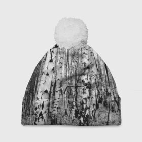 Шапка 3D c помпоном с принтом Березовая роща в Тюмени, 100% полиэстер | универсальный размер, печать по всей поверхности изделия | birch | birch grove | black   white | forest | photo | trees | березовая | березы | деревья | лес | роща | фото | черно   белое