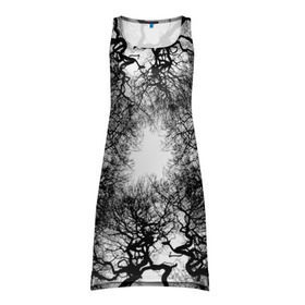 Платье-майка 3D с принтом Кудрявые деревья в Тюмени, 100% полиэстер | полуприлегающий силуэт, широкие бретели, круглый вырез горловины, удлиненный подол сзади. | black   white | bright | forest | photo | sun | tree | trees | деревья | кудрявые | лес | солнце | фото | черно   белое | яркое