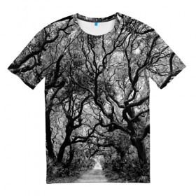 Мужская футболка 3D с принтом Деревья в Тюмени, 100% полиэфир | прямой крой, круглый вырез горловины, длина до линии бедер | black   white | crown | curly | forest | park | path | photo | thick | trees | деревья | дорожка | дремучий | крона | кудрявая | лес | парк | фото | черно   белое