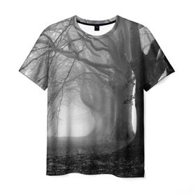 Мужская футболка 3D с принтом Туман в лесу в Тюмени, 100% полиэфир | прямой крой, круглый вырез горловины, длина до линии бедер | Тематика изображения на принте: black   white | fog | forest | morning | photo | silhouette | trees | деревья | лес | силуэт | туман | утро | фото | черно   белое