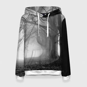 Женская толстовка 3D с принтом Туман в лесу в Тюмени, 100% полиэстер  | двухслойный капюшон со шнурком для регулировки, мягкие манжеты на рукавах и по низу толстовки, спереди карман-кенгуру с мягким внутренним слоем. | black   white | fog | forest | morning | photo | silhouette | trees | деревья | лес | силуэт | туман | утро | фото | черно   белое
