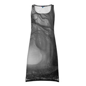 Платье-майка 3D с принтом Туман в лесу в Тюмени, 100% полиэстер | полуприлегающий силуэт, широкие бретели, круглый вырез горловины, удлиненный подол сзади. | black   white | fog | forest | morning | photo | silhouette | trees | деревья | лес | силуэт | туман | утро | фото | черно   белое