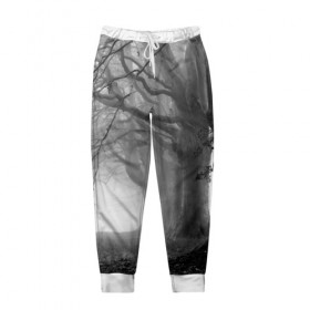 Мужские брюки 3D с принтом Туман в лесу в Тюмени, 100% полиэстер | манжеты по низу, эластичный пояс регулируется шнурком, по бокам два кармана без застежек, внутренняя часть кармана из мелкой сетки | black   white | fog | forest | morning | photo | silhouette | trees | деревья | лес | силуэт | туман | утро | фото | черно   белое