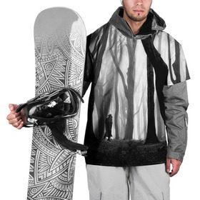 Накидка на куртку 3D с принтом Утро в лесу в Тюмени, 100% полиэстер |  | black   white | fog | forest | man | morning | photo | silhouette | trees | деревья | лес | силуэт | туман | утро | фото | человек | черно   белое