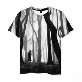 Мужская футболка 3D с принтом Утро в лесу в Тюмени, 100% полиэфир | прямой крой, круглый вырез горловины, длина до линии бедер | black   white | fog | forest | man | morning | photo | silhouette | trees | деревья | лес | силуэт | туман | утро | фото | человек | черно   белое