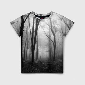 Детская футболка 3D с принтом Туман в лесу в Тюмени, 100% гипоаллергенный полиэфир | прямой крой, круглый вырез горловины, длина до линии бедер, чуть спущенное плечо, ткань немного тянется | Тематика изображения на принте: black   white | fog | forest | morning | photo | silhouette | trees | деревья | лес | силуэт | туман | утро | фото | черно   белое