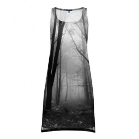 Платье-майка 3D с принтом Туман в лесу в Тюмени, 100% полиэстер | полуприлегающий силуэт, широкие бретели, круглый вырез горловины, удлиненный подол сзади. | black   white | fog | forest | morning | photo | silhouette | trees | деревья | лес | силуэт | туман | утро | фото | черно   белое