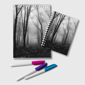 Блокнот с принтом Туман в лесу в Тюмени, 100% бумага | 48 листов, плотность листов — 60 г/м2, плотность картонной обложки — 250 г/м2. Листы скреплены удобной пружинной спиралью. Цвет линий — светло-серый
 | black   white | fog | forest | morning | photo | silhouette | trees | деревья | лес | силуэт | туман | утро | фото | черно   белое