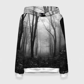 Женская толстовка 3D с принтом Туман в лесу в Тюмени, 100% полиэстер  | двухслойный капюшон со шнурком для регулировки, мягкие манжеты на рукавах и по низу толстовки, спереди карман-кенгуру с мягким внутренним слоем. | black   white | fog | forest | morning | photo | silhouette | trees | деревья | лес | силуэт | туман | утро | фото | черно   белое