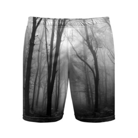 Мужские шорты 3D спортивные с принтом Туман в лесу в Тюмени,  |  | black   white | fog | forest | morning | photo | silhouette | trees | деревья | лес | силуэт | туман | утро | фото | черно   белое