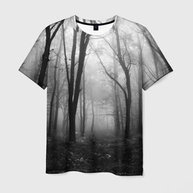 Мужская футболка 3D с принтом Туман в лесу в Тюмени, 100% полиэфир | прямой крой, круглый вырез горловины, длина до линии бедер | black   white | fog | forest | morning | photo | silhouette | trees | деревья | лес | силуэт | туман | утро | фото | черно   белое