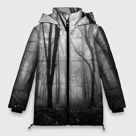 Женская зимняя куртка 3D с принтом Туман в лесу в Тюмени, верх — 100% полиэстер; подкладка — 100% полиэстер; утеплитель — 100% полиэстер | длина ниже бедра, силуэт Оверсайз. Есть воротник-стойка, отстегивающийся капюшон и ветрозащитная планка. 

Боковые карманы с листочкой на кнопках и внутренний карман на молнии | black   white | fog | forest | morning | photo | silhouette | trees | деревья | лес | силуэт | туман | утро | фото | черно   белое
