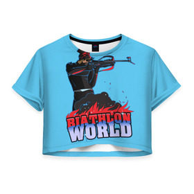 Женская футболка 3D укороченная с принтом biathlon world в Тюмени, 100% полиэстер | круглая горловина, длина футболки до линии талии, рукава с отворотами | Тематика изображения на принте: 