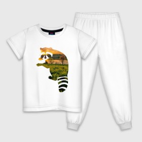 Детская пижама хлопок с принтом енот закат в Тюмени, 100% хлопок |  брюки и футболка прямого кроя, без карманов, на брюках мягкая резинка на поясе и по низу штанин
 | енот | закат | залив | зелень | лето | луг | поле | солнце
