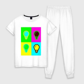 Женская пижама хлопок с принтом Веселые лампочки в Тюмени, 100% хлопок | брюки и футболка прямого кроя, без карманов, на брюках мягкая резинка на поясе и по низу штанин | кислота | яркий