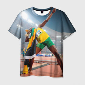 Мужская футболка 3D с принтом Болт в Тюмени, 100% полиэфир | прямой крой, круглый вырез горловины, длина до линии бедер | bolt | атлетика | бег | олимпиада | усэйн