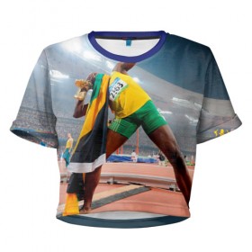 Женская футболка 3D укороченная с принтом Болт в Тюмени, 100% полиэстер | круглая горловина, длина футболки до линии талии, рукава с отворотами | bolt | атлетика | бег | олимпиада | усэйн