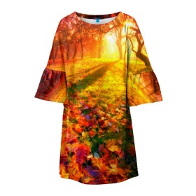 Детское платье 3D с принтом Осень в Тюмени, 100% полиэстер | прямой силуэт, чуть расширенный к низу. Круглая горловина, на рукавах — воланы | Тематика изображения на принте: autumn | bright | colors | forest | trees | деревья | краски | лес | лучи | осень | солнце | цвета | яркие