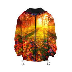 Детская куртка 3D с принтом Осень в Тюмени, 100% полиэстер | застежка — молния, подол и капюшон оформлены резинкой с фиксаторами, по бокам — два кармана без застежек, один потайной карман на груди, плотность верхнего слоя — 90 г/м2; плотность флисового подклада — 260 г/м2 | Тематика изображения на принте: autumn | bright | colors | forest | trees | деревья | краски | лес | лучи | осень | солнце | цвета | яркие