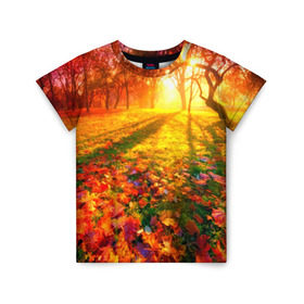 Детская футболка 3D с принтом Осень в Тюмени, 100% гипоаллергенный полиэфир | прямой крой, круглый вырез горловины, длина до линии бедер, чуть спущенное плечо, ткань немного тянется | Тематика изображения на принте: autumn | bright | colors | forest | trees | деревья | краски | лес | лучи | осень | солнце | цвета | яркие