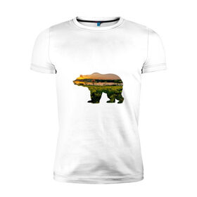 Мужская футболка премиум с принтом медведь закат в Тюмени, 92% хлопок, 8% лайкра | приталенный силуэт, круглый вырез ворота, длина до линии бедра, короткий рукав | закат | залив | зелень | лето | луг | медведь | мишка | поле | солнце